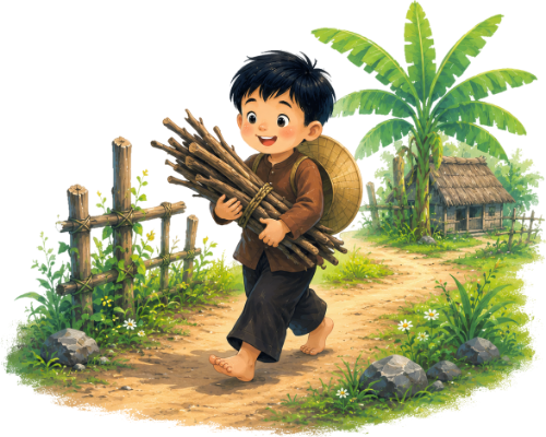 Cậu bé, nhặt củi