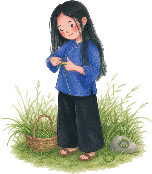 Cô bé, đan nhẫn cỏ