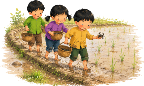 Cậu bé, cô bé, lội ruộng 1