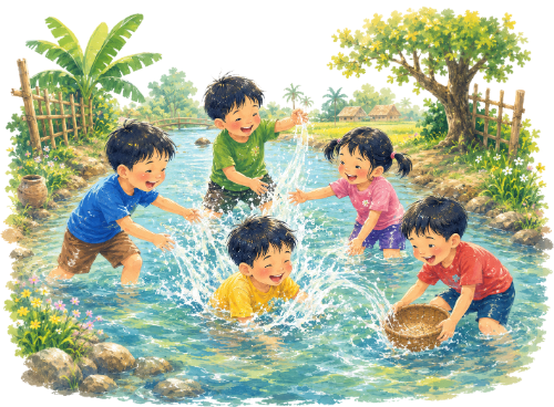 Cậu bé, cô bé, nghịch nước 1