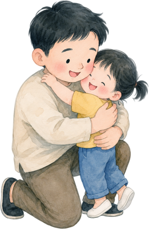 Bố và con, vui vẻ