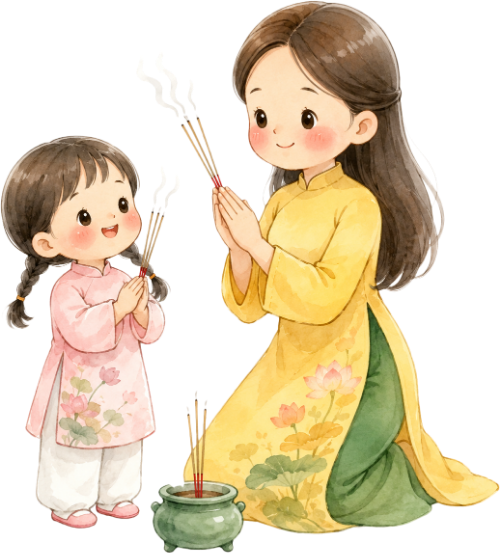 Mẹ con, thắp hương