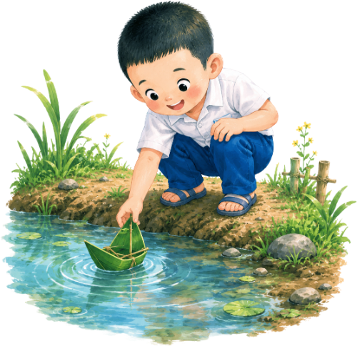Cậu bé, thả thuyền lá tre