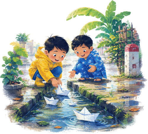 Cậu bé, thả thuyền giấy