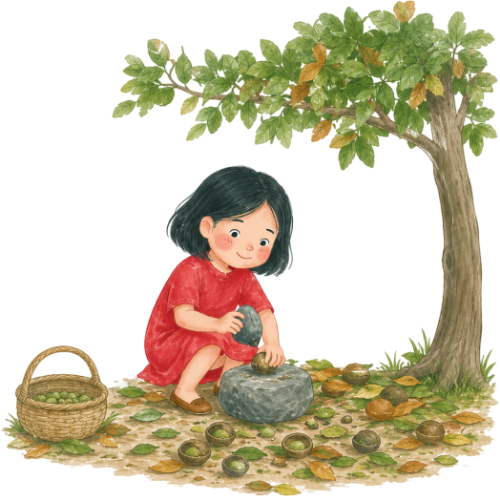 Cô bé, đập hạt
