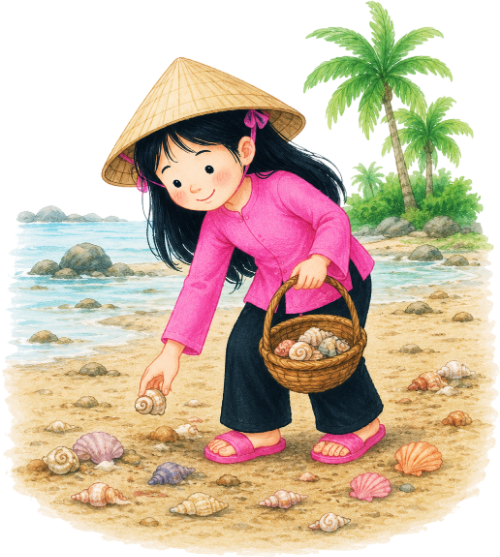 Cô bé, nhặt vỏ ốc