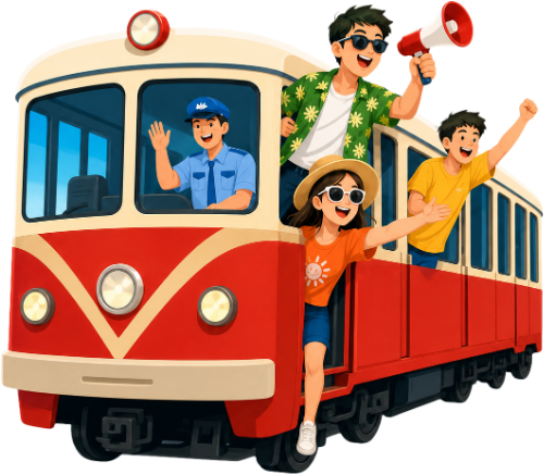 Xe lửa, người dân, tài xế, vui vẻ