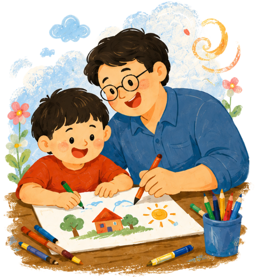 Bố và con, vui vẻ