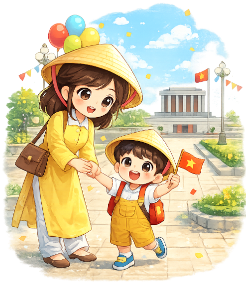 Cô giáo và bé, quốc khánh, dắt tay