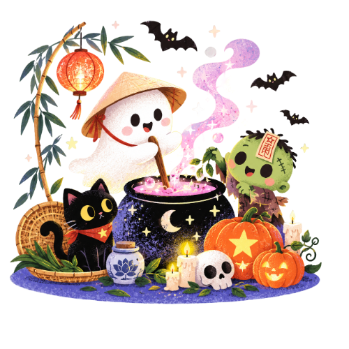 Con ma, thây ma, bí đó, con mèo, haloween