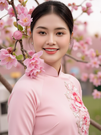 Con gái, cô gái, phụ nữ, áo dài, áo hồng, trang phục, Việt Nam, Tết, xuân, hoa đào