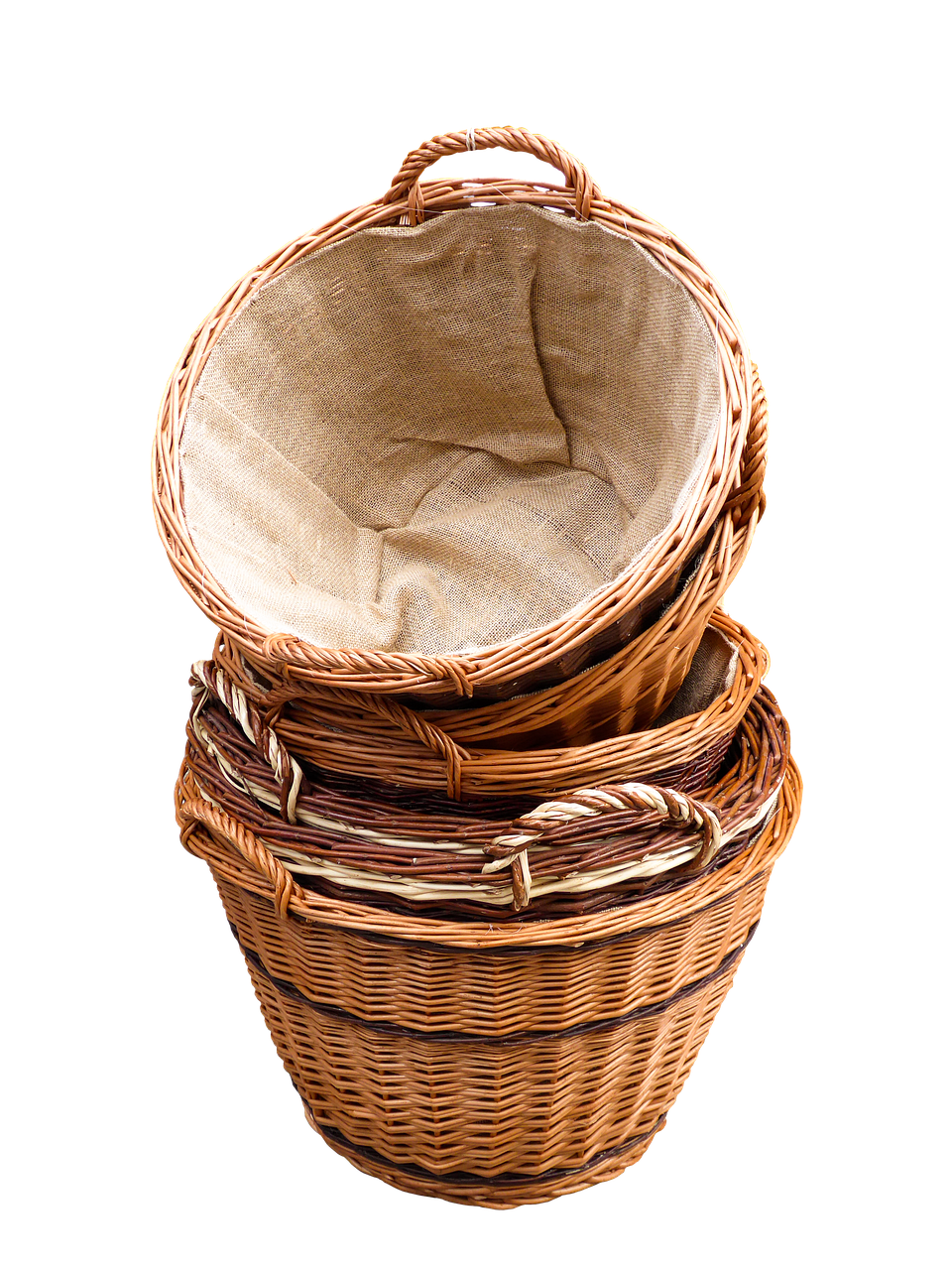 Giỏ mây tre, wicker basket, thủ công, handmade, có quai, with handle, lót vải bố, burlap lined, truyền thống, traditional - garten-gg