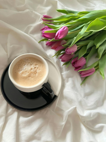 Coffee, cà phê, glass mug, cốc thủy tinh, book, sách, hoa tulip, bed, giường - Aesthetics Life