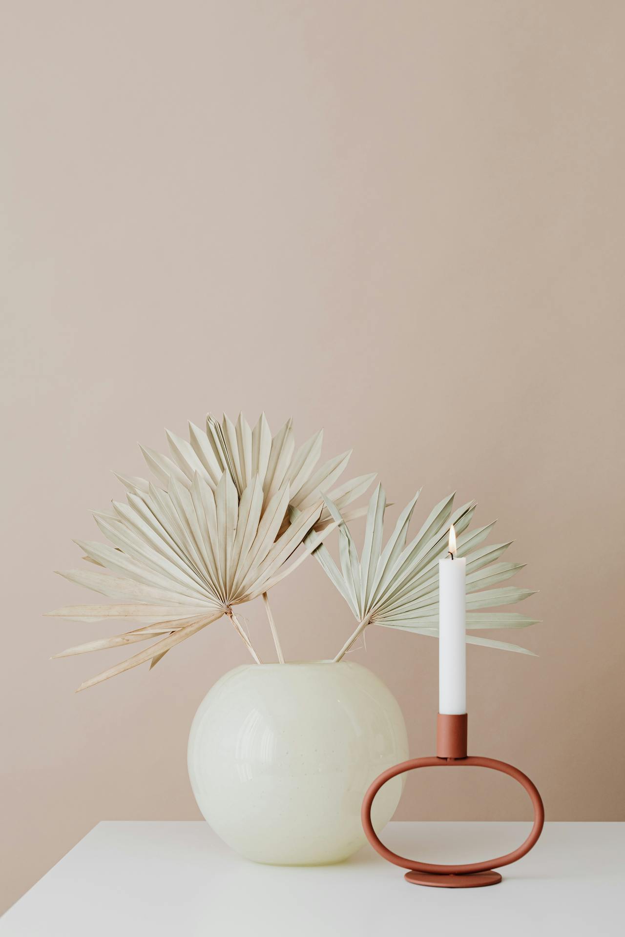 Cỏ lau, pampas grass, dried flower, hoa khô, đèn cầy, ceramic vase, lọ gốm, home decor, trang trí, minimalism, tối giản - Kaboompics.com