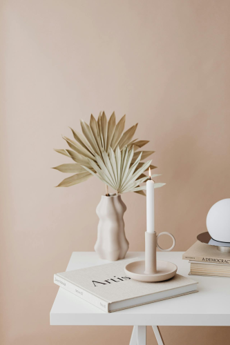 Lá cọ khô, dried palm, ceramic vase, lọ gốm, đèn cầy, home decor, trang trí, minimalism, tối giản - Kaboompics.com