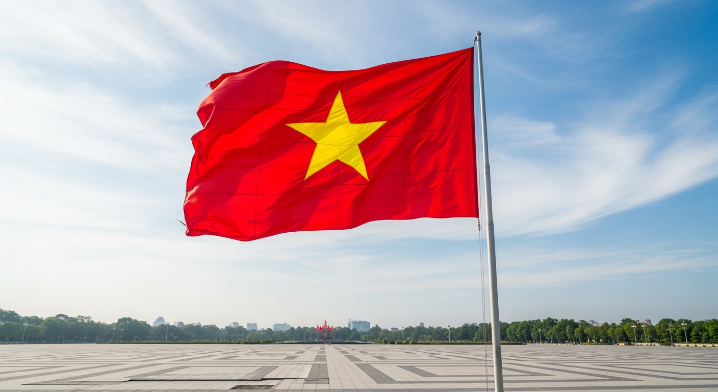tạo ảnh chỉ có cờ đỏ sao vàng bay phấp phới giữa quảng...