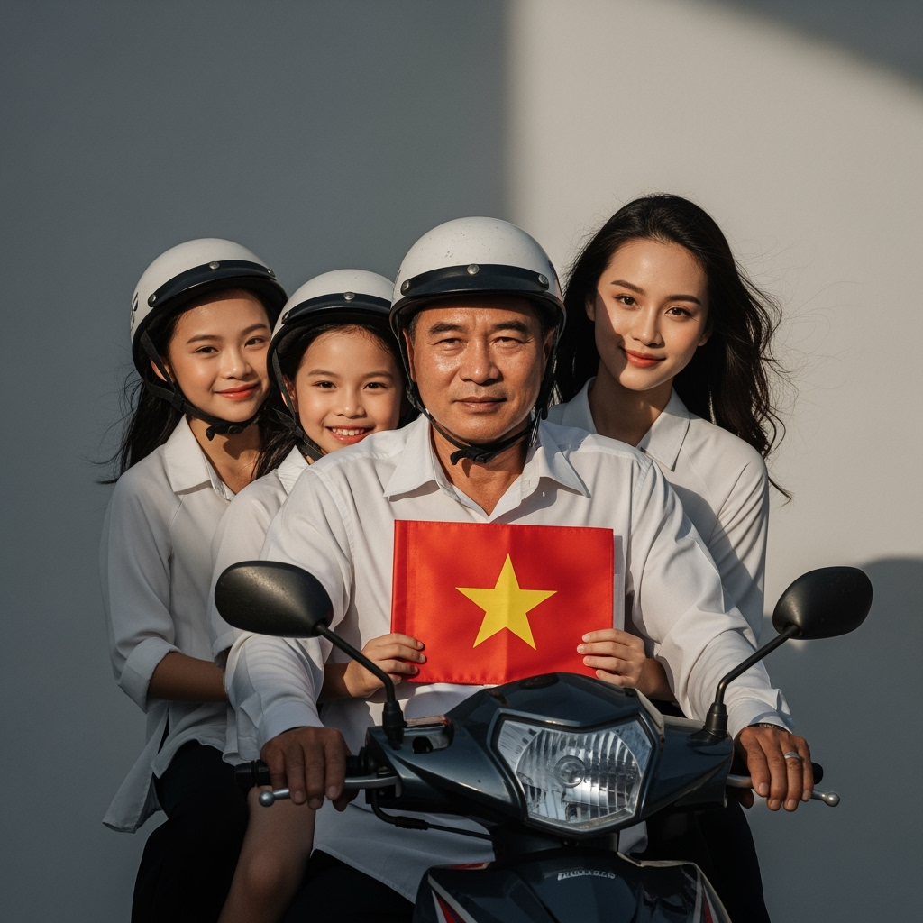 tạo ảnh gia đình đang đi trên xe máy cầm lá cờ Việt Nam. Với...
