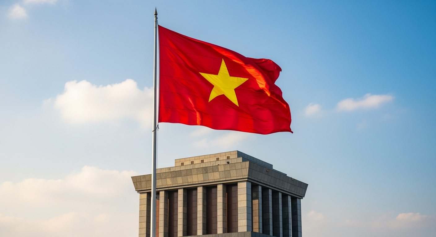 tạo ảnh chỉ có cờ đỏ sao vàng bay phấp phới ở trên lăng chủ...
