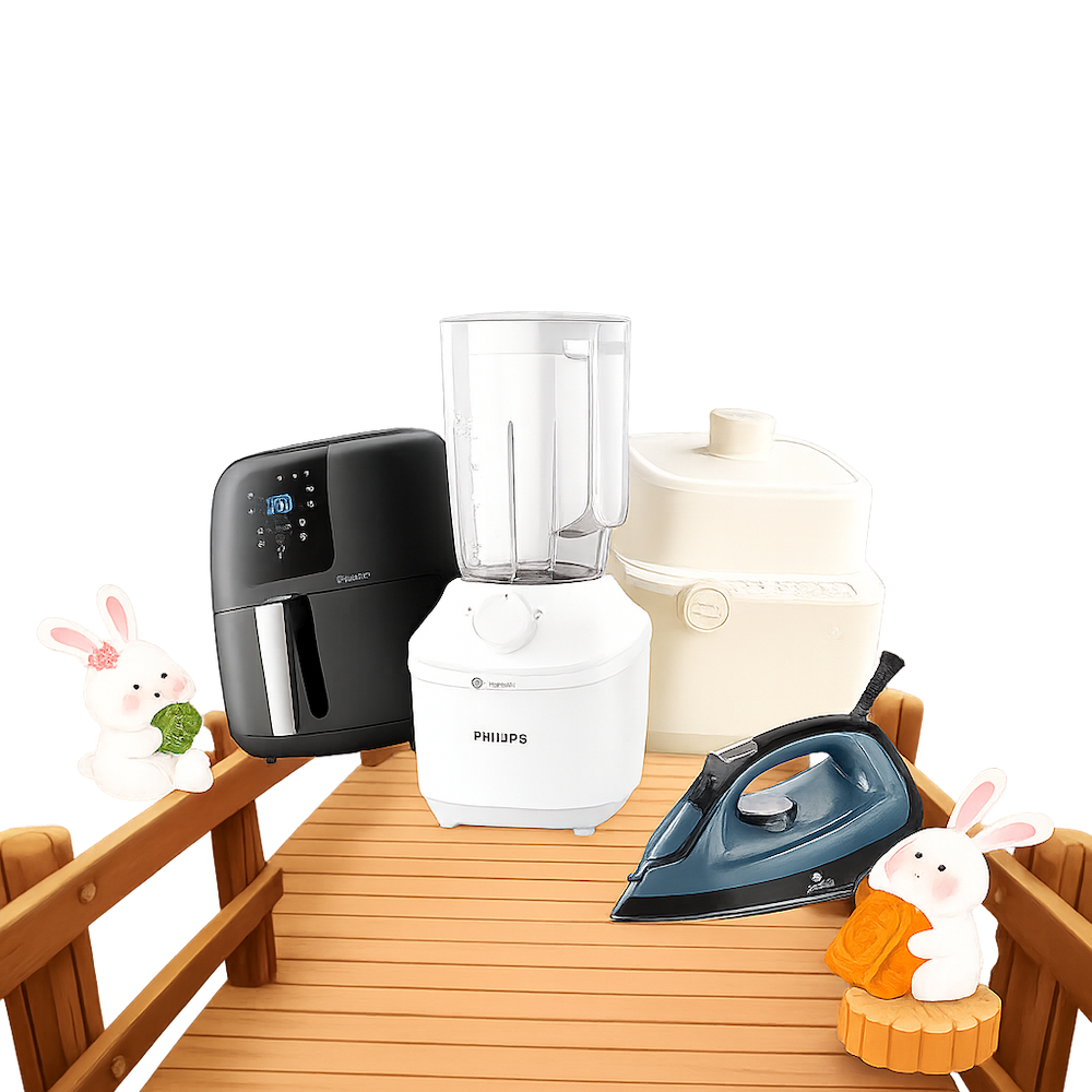 Nồi chiên không dầu, máy xay sinh tố, bàn ủi, cầu gỗ, trung thu, lễ hội, thỏ, air fryer, blender, iron, wooden bridge, mid-autumn festival, festival, rabbit