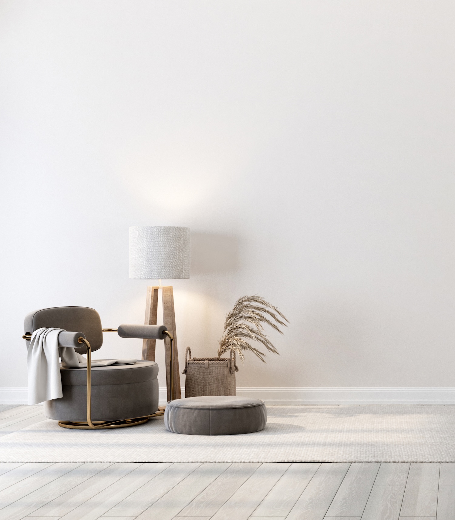 Ghế êm, cozy chair, floor lamp, đèn sàn, modern decor, trang trí hiện đại, neutral tones, tông màu trung tính, living space, không gian sống - Jiii