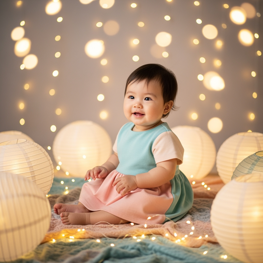 A 1-year-old baby girl in a modern pastel dress, surrounded by paper lanterns and...