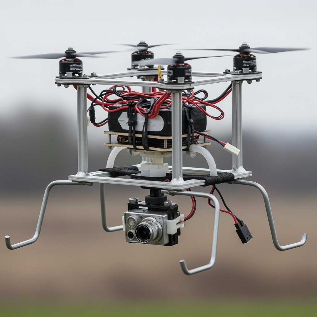 Design a  not perfect flycam, no need for a beautiful frame, with 4 propellers and 1...