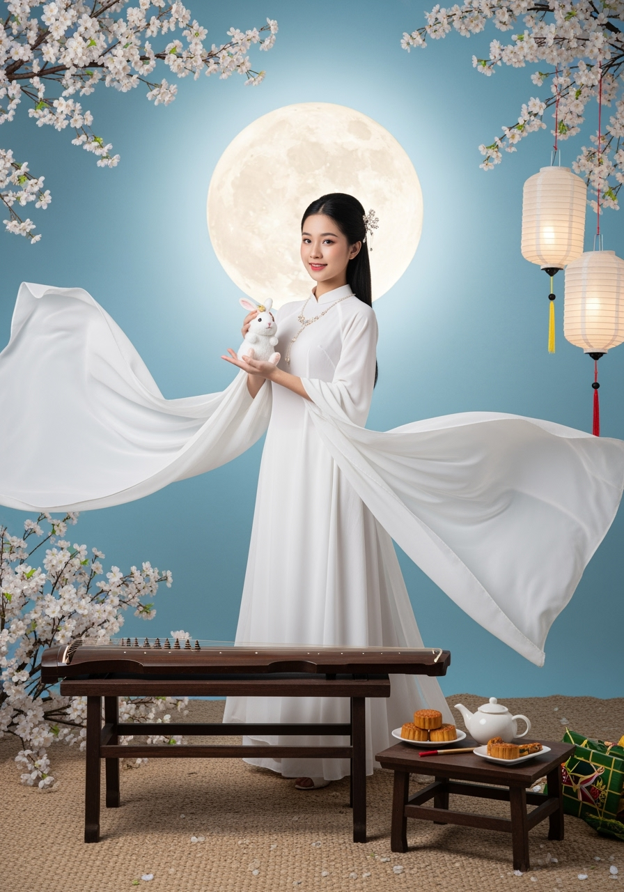 Một cô gái trẻ xinh đẹp mặc bộ áo dài trắng tinh khôi, tay áo...