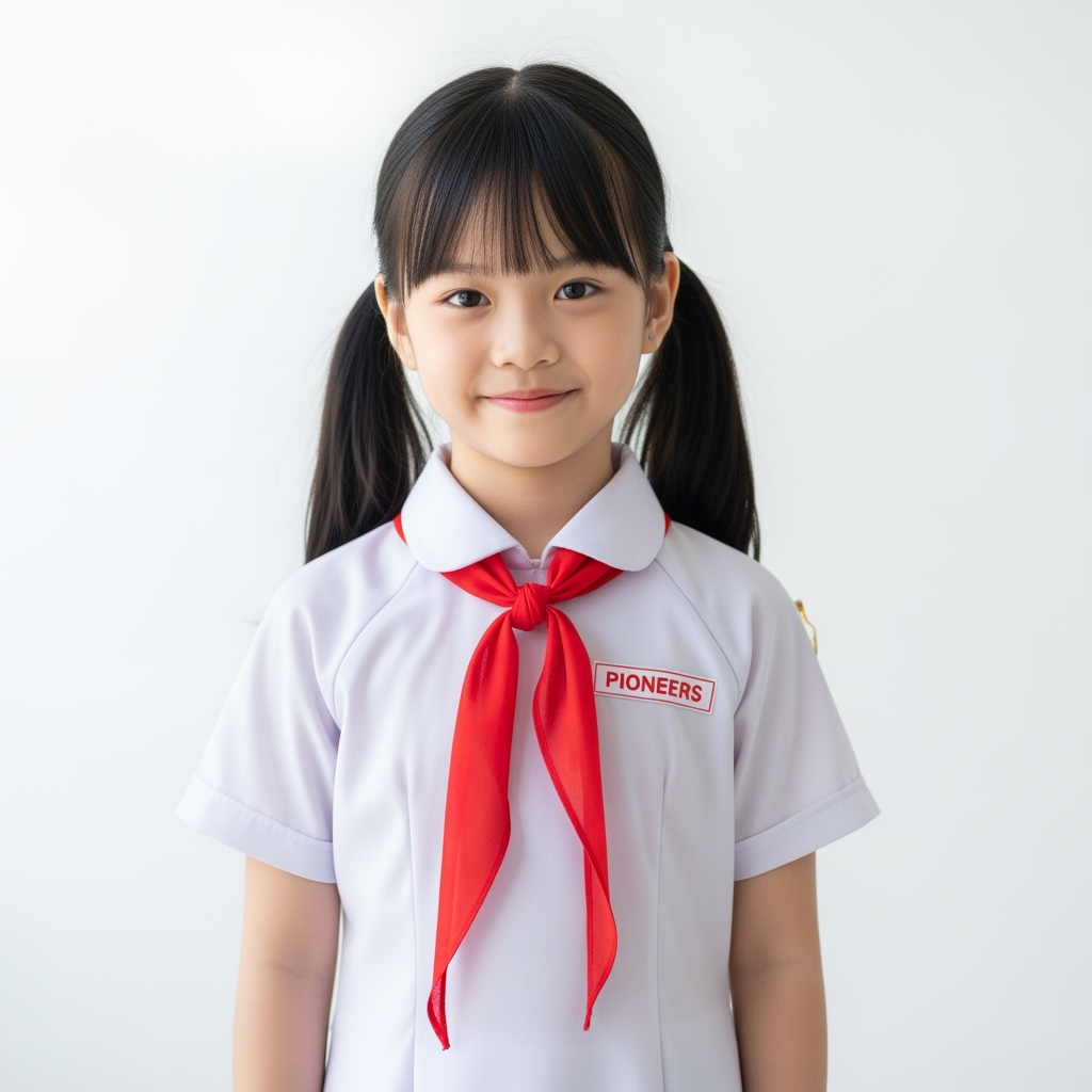 tạo ảnh cô bé việt nam mặc áo trắng đeo khăn quàng. Với màu...