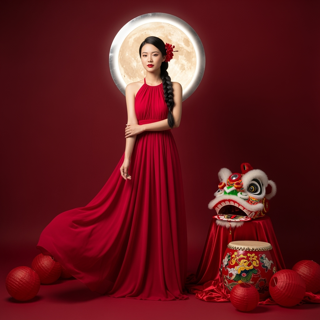 full body,beautiful Asian woman,braided black hair over right shoulder,red...
