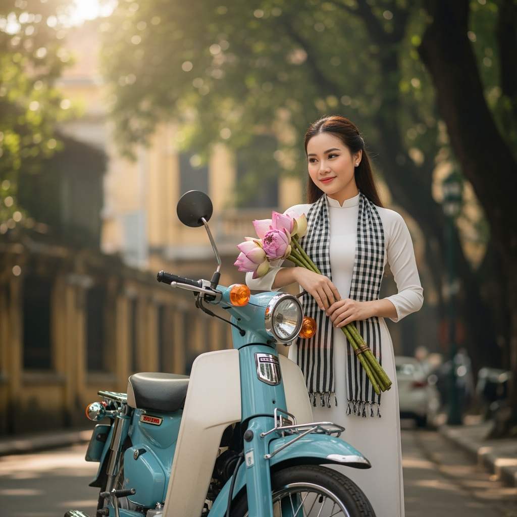 Tạo hình ảnh cô gái Việt Nam với tà áo dài trắng, với khăn ca...