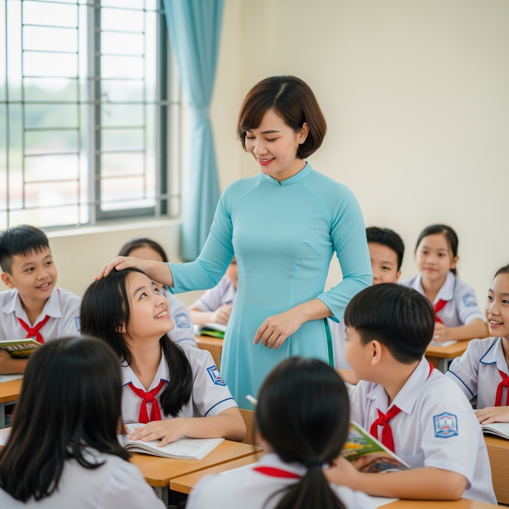 Tạo hình ảnh cô giáo xinh đẹp tóc ngắn mặc áo dài với lớp các...