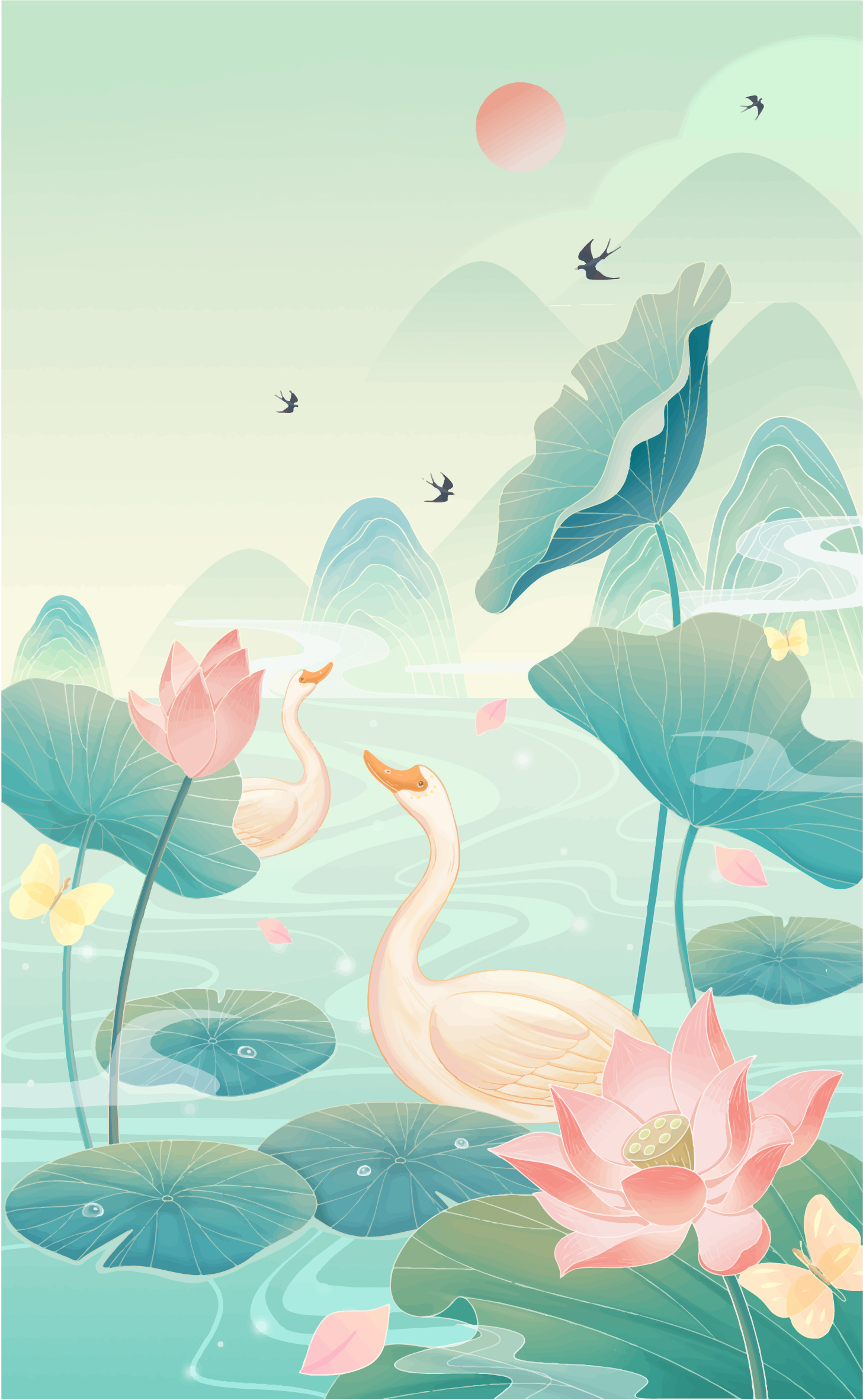 Hoa sen, lotus, sen, thiên nga, màu xanh lá, xanh lá, green, gradient, nền, hình nền, background