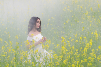 Cô gái, hoa cải, sương mù, đồng cỏ,Girl, rape flower, fog, meadow- ThuyHaBich 5