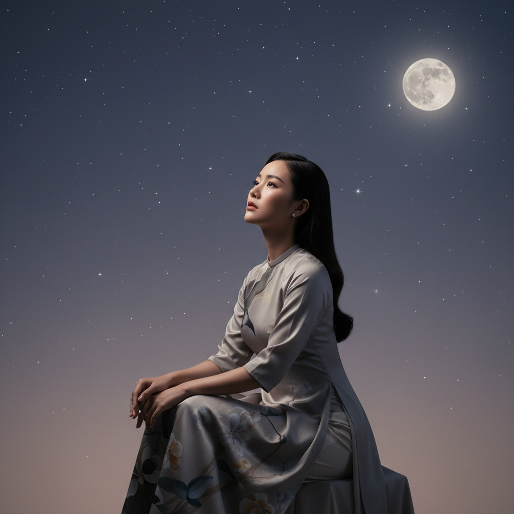 cô gái xinh đẹp quyến rũ ngồi buồn dưới bầu trời trăng sao...