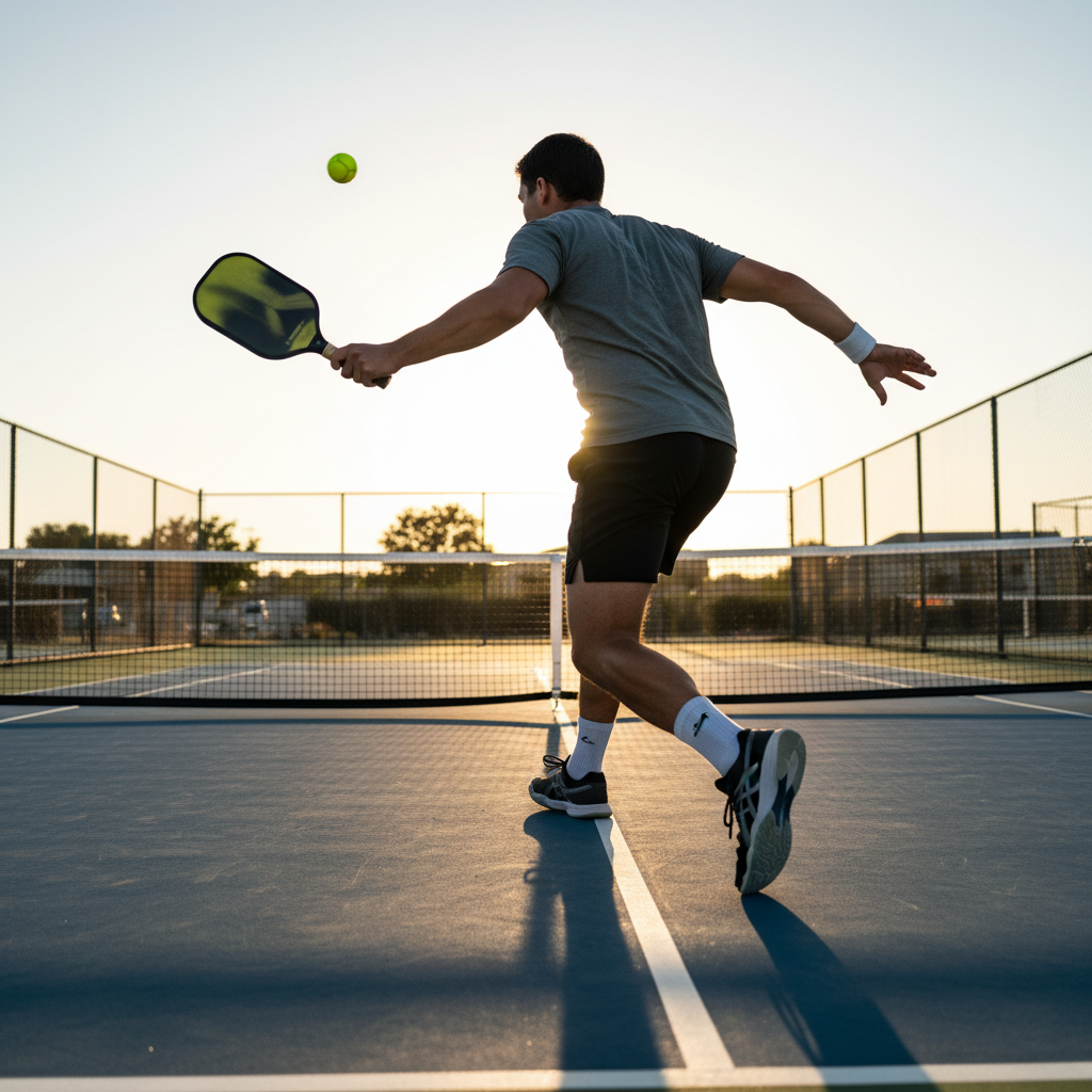 Hình ảnh từ đằng sau vận động viên đánh Pickleball đang đánh...