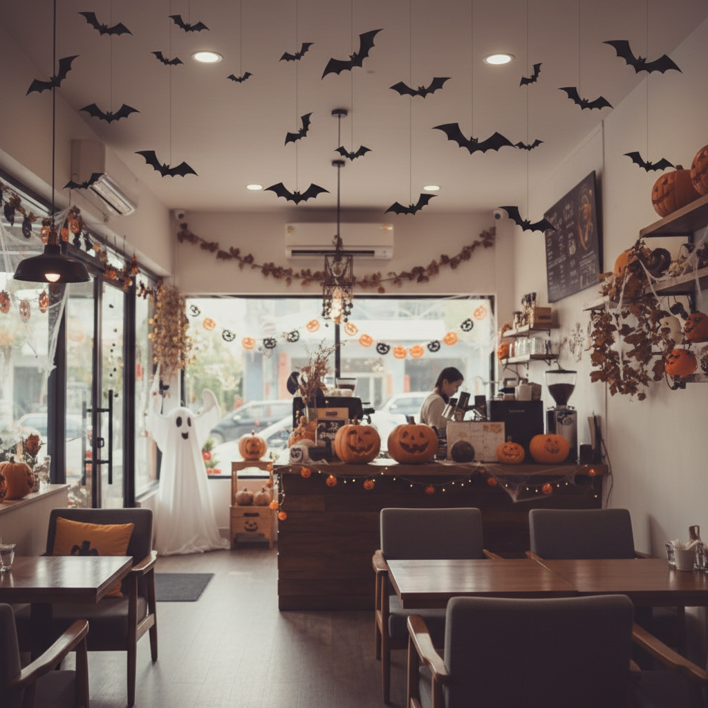 Không gian quán cà phê nhỏ trang trí Halloween ấm cúng. Trần nhà...