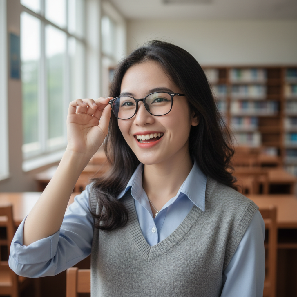 tạo ảnh cô gái 19 tuổi xinh xắn trắng trẻo,tháo kính ra và...