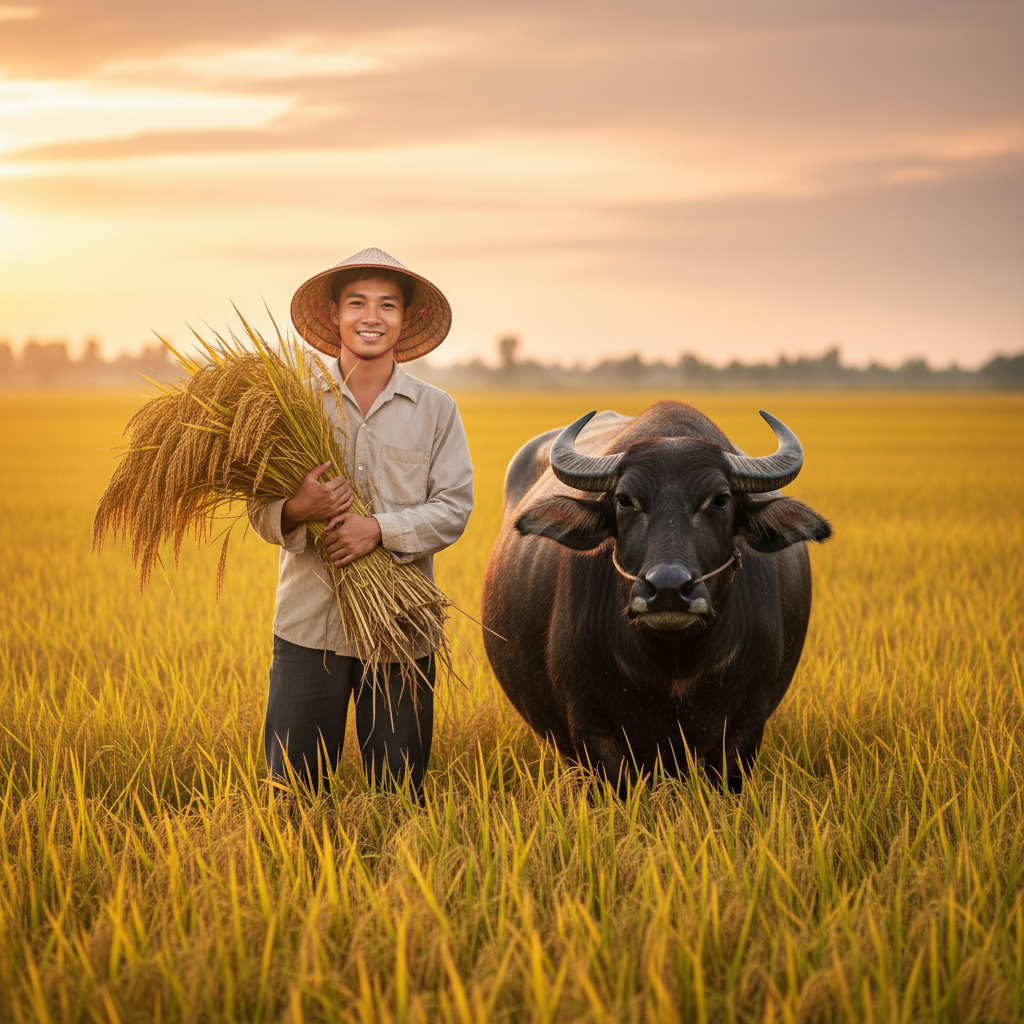 tạo ảnh một chàng trai nông dân trẻ trên tay cầm bó lúa chín vàng...