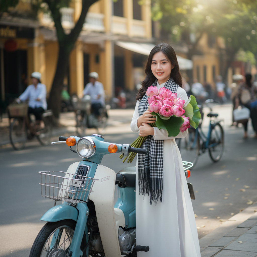 Tạo hình ảnh cô gái Việt Nam với tà áo dài trắng, với khăn ca...