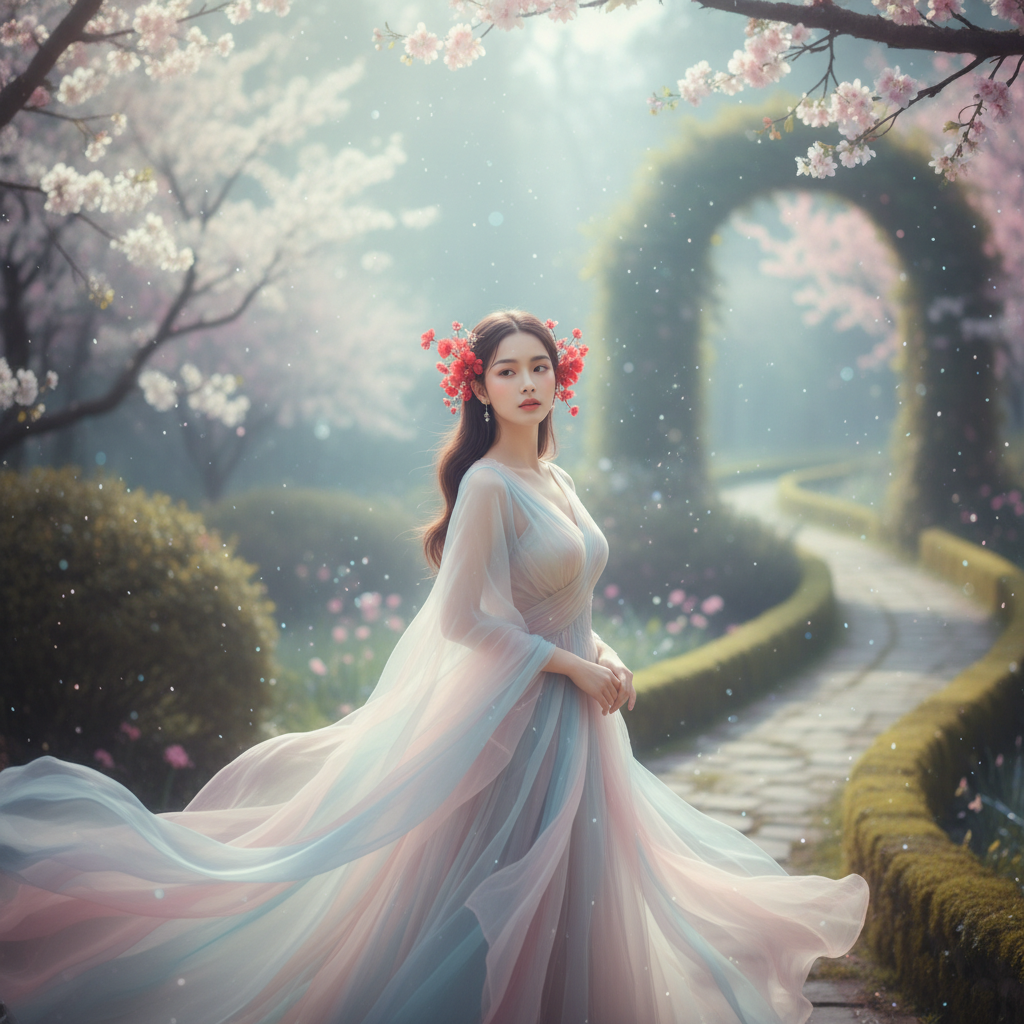 Cô gái Việt Nam đẹp như nàng thơ, có gắn hoa màu đỏ ở tai. Với...