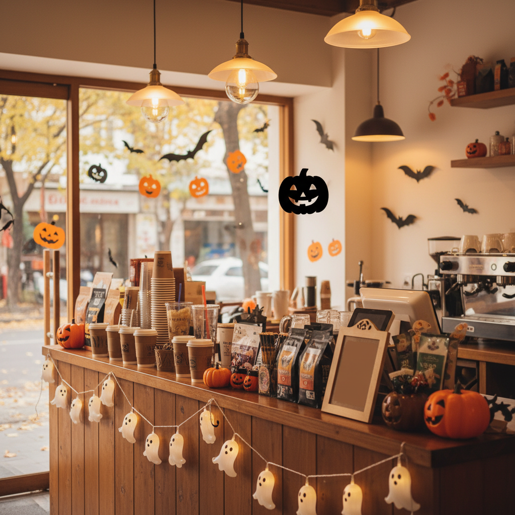 Không gian quán cà phê nhỏ trang trí Halloween ấm cúng, ánh sáng vàng...