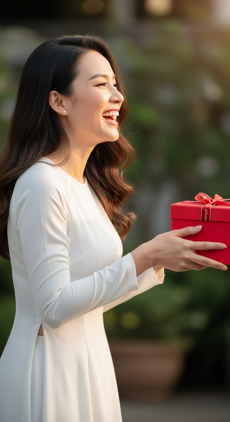 Tạo hình ảnh cô gái Việt Nam khoảng 30 tuổi, mặc váy trắng,...