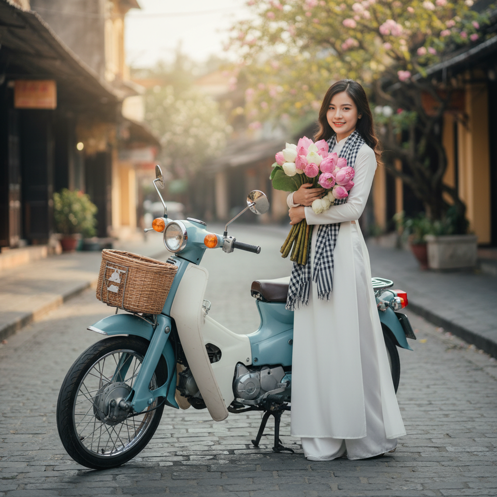 Tạo hình ảnh cô gái Việt Nam với tà áo dài trắng, với khăn ca...