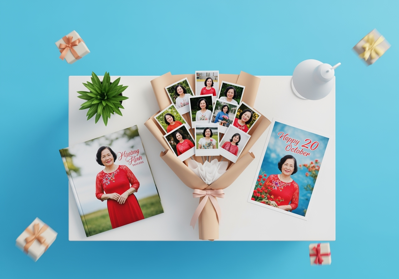 Tạo hình mặt phẳng màu xanh pastel sáng, có bàn màu trắng, trên...
