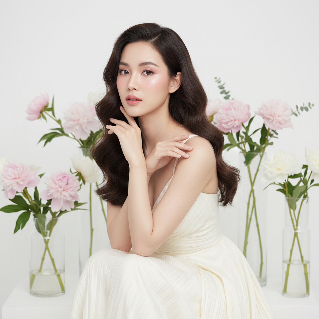 Ultra-realistic portrait of a beautiful young woman with flawless fair skin,...