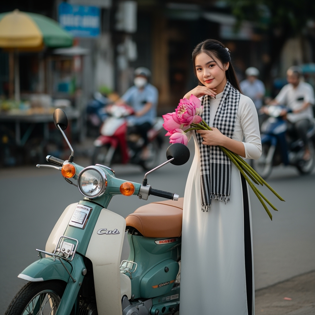 Tạo hình ảnh cô gái Việt Nam với tà áo dài trắng, với khăn ca...