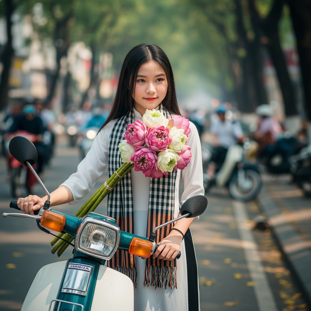 Tạo hình ảnh cô gái Việt Nam với tà áo dài trắng, với khăn ca...