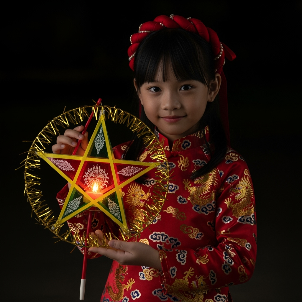 Trung thu bé gái. Với màu nền là : màu  black