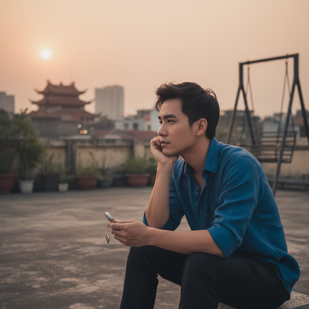 chàng trai quyến rũ ngồi buồn trên sân thượng nhớ người yêu....