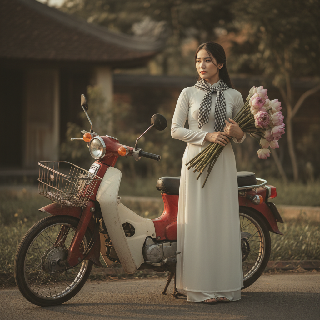 Tạo hình ảnh cô gái Việt Nam với tà áo dài trắng, với khăn ca...